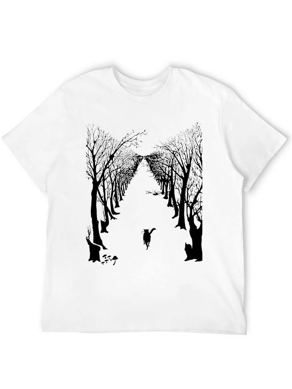 Eerie Forest Cat Print Black T-Shirt