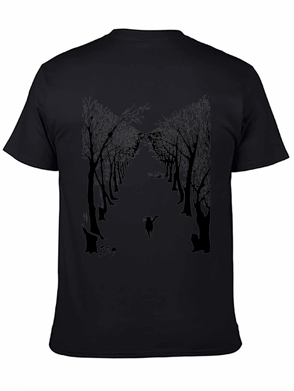 Eerie Forest Cat Print Black T-Shirt