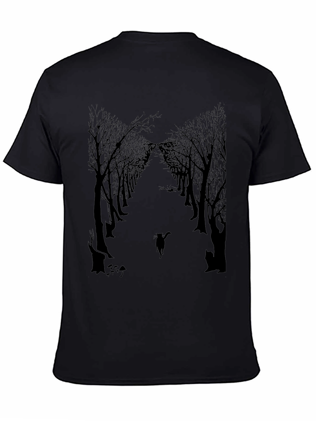 Eerie Forest Cat Print Black T-Shirt