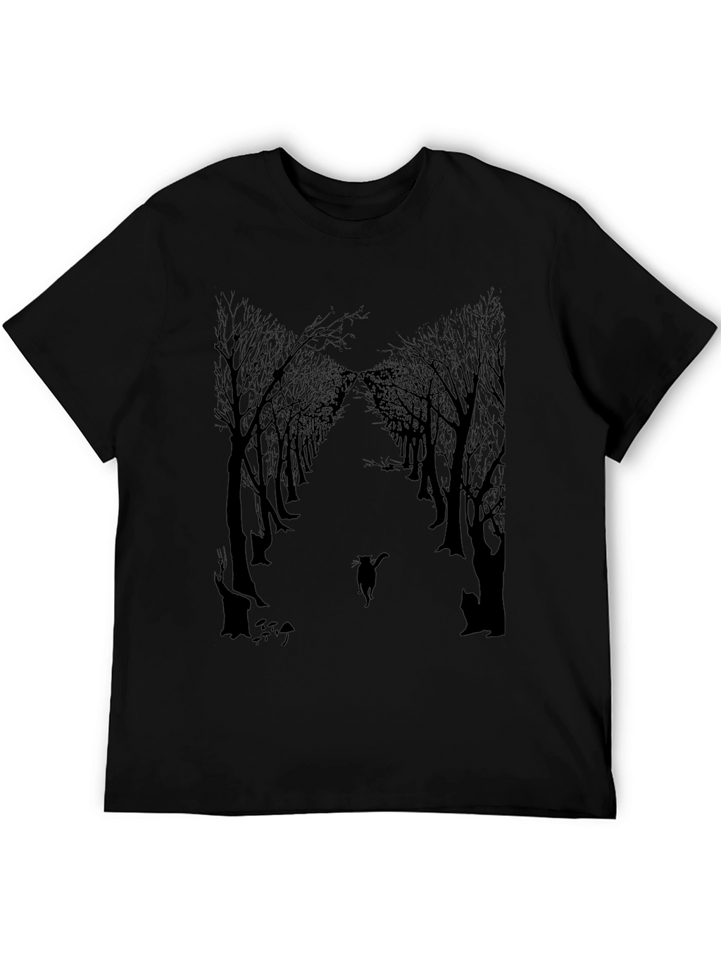 Eerie Forest Cat Print Black T-Shirt