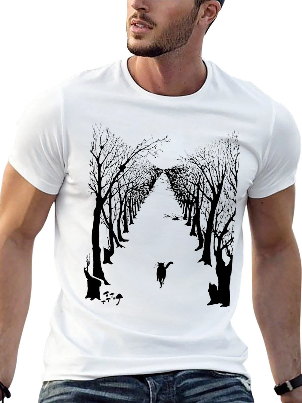 Eerie Forest Cat Print Black T-Shirt