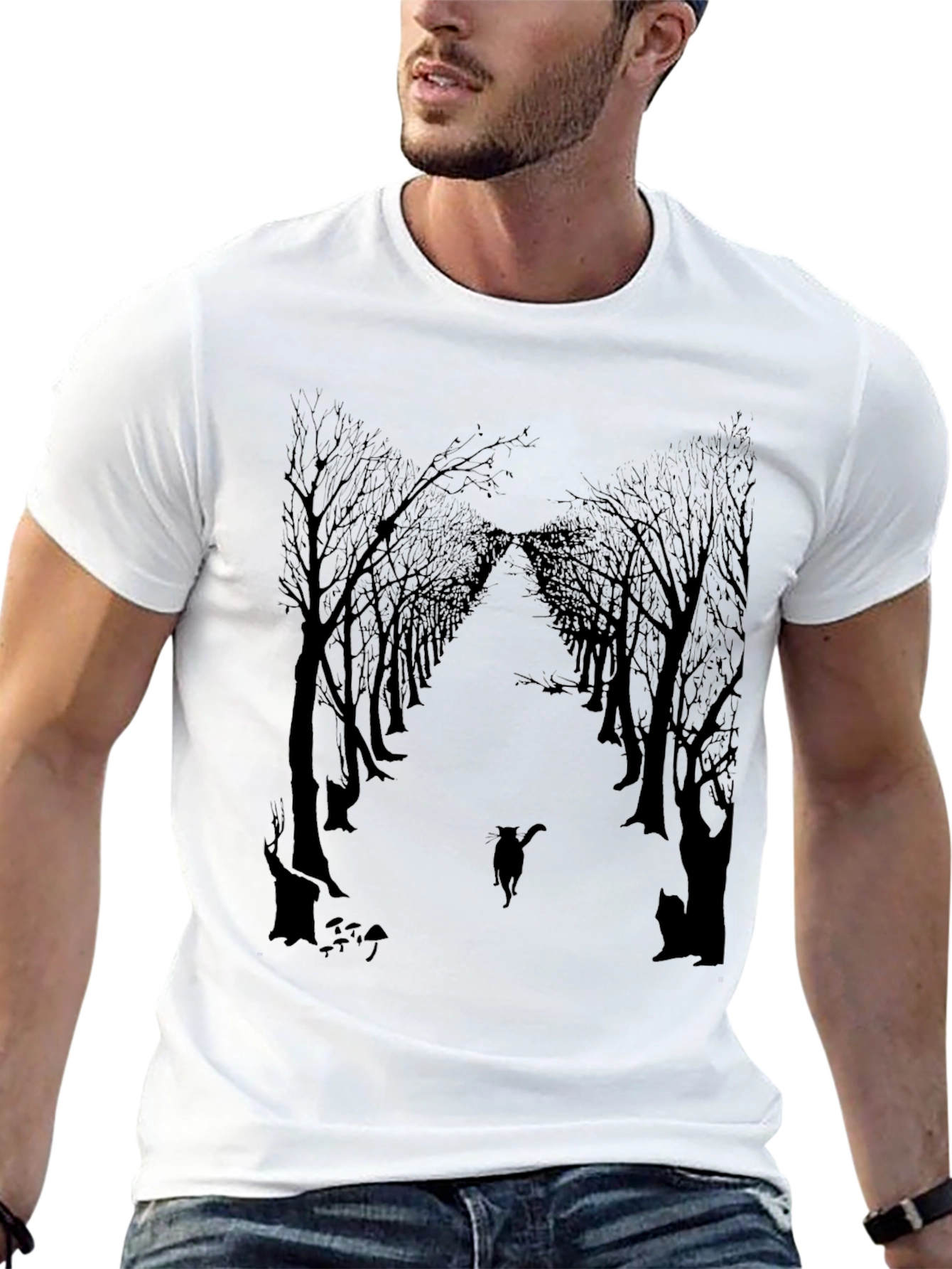 Eerie Forest Cat Print Black T-Shirt