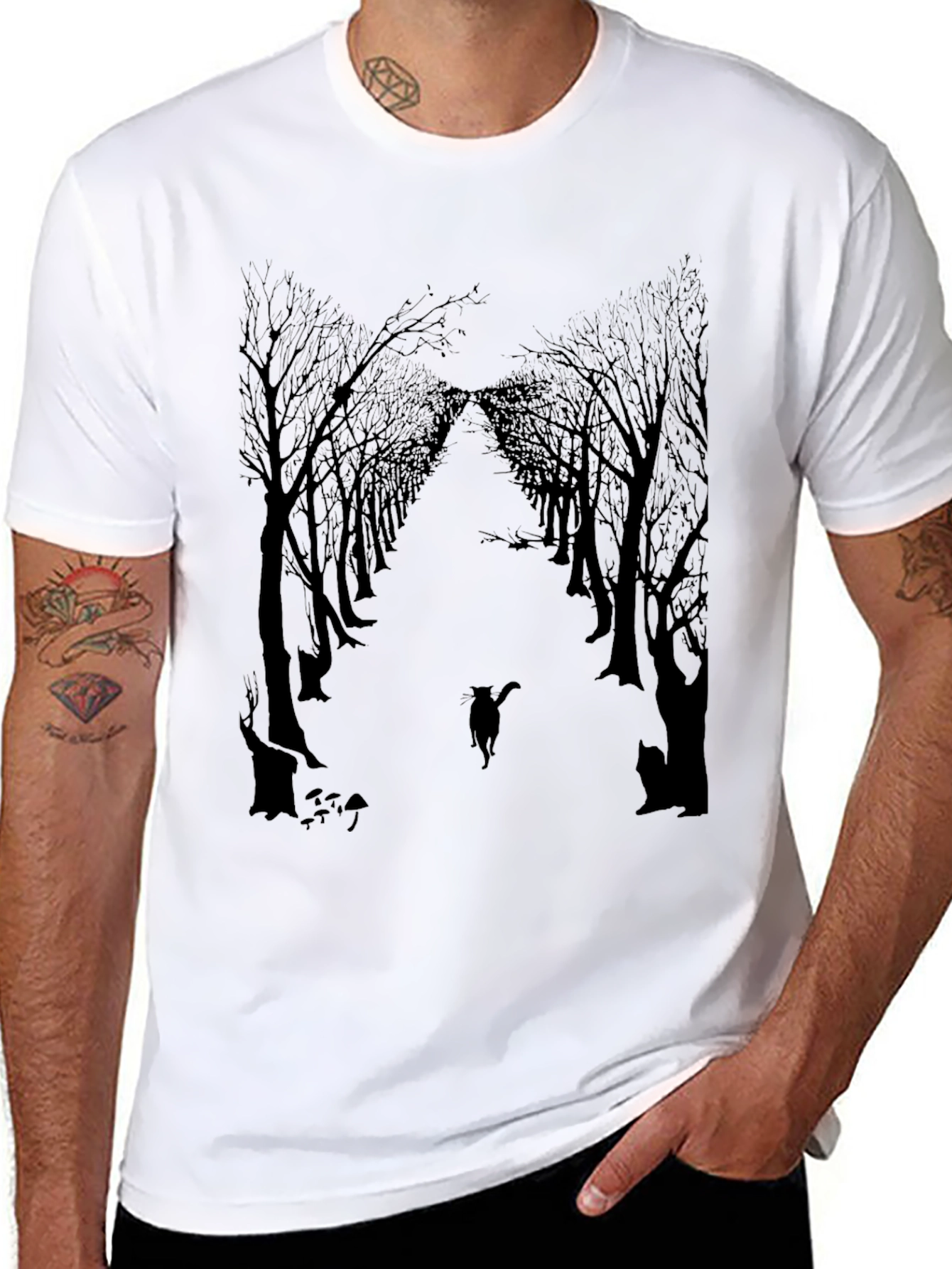 Eerie Forest Cat Print Black T-Shirt