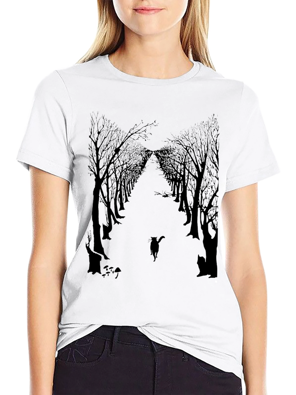 Eerie Forest Cat Print Black T-Shirt