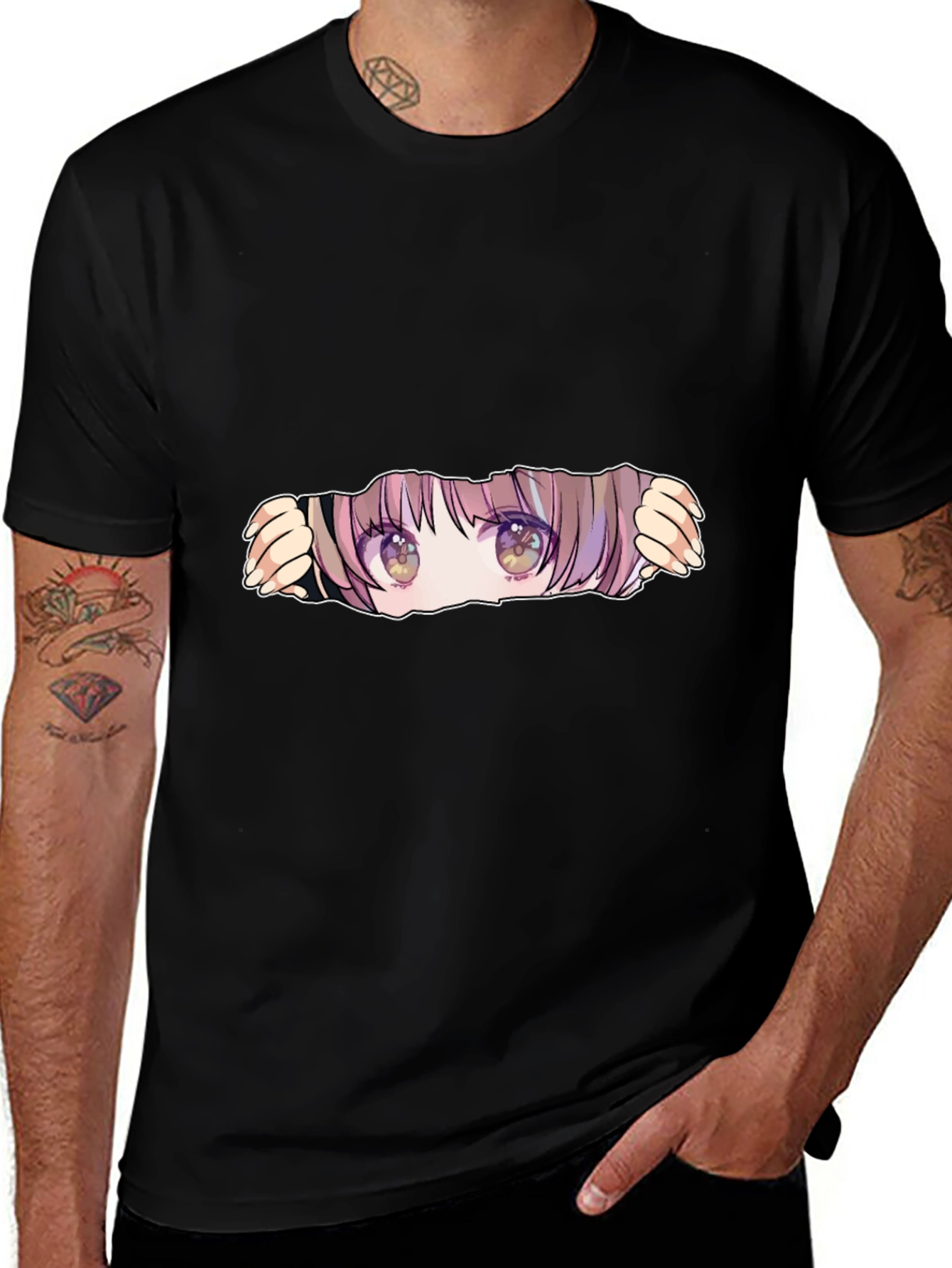 Anime Eyes Peek Black T-Shirt