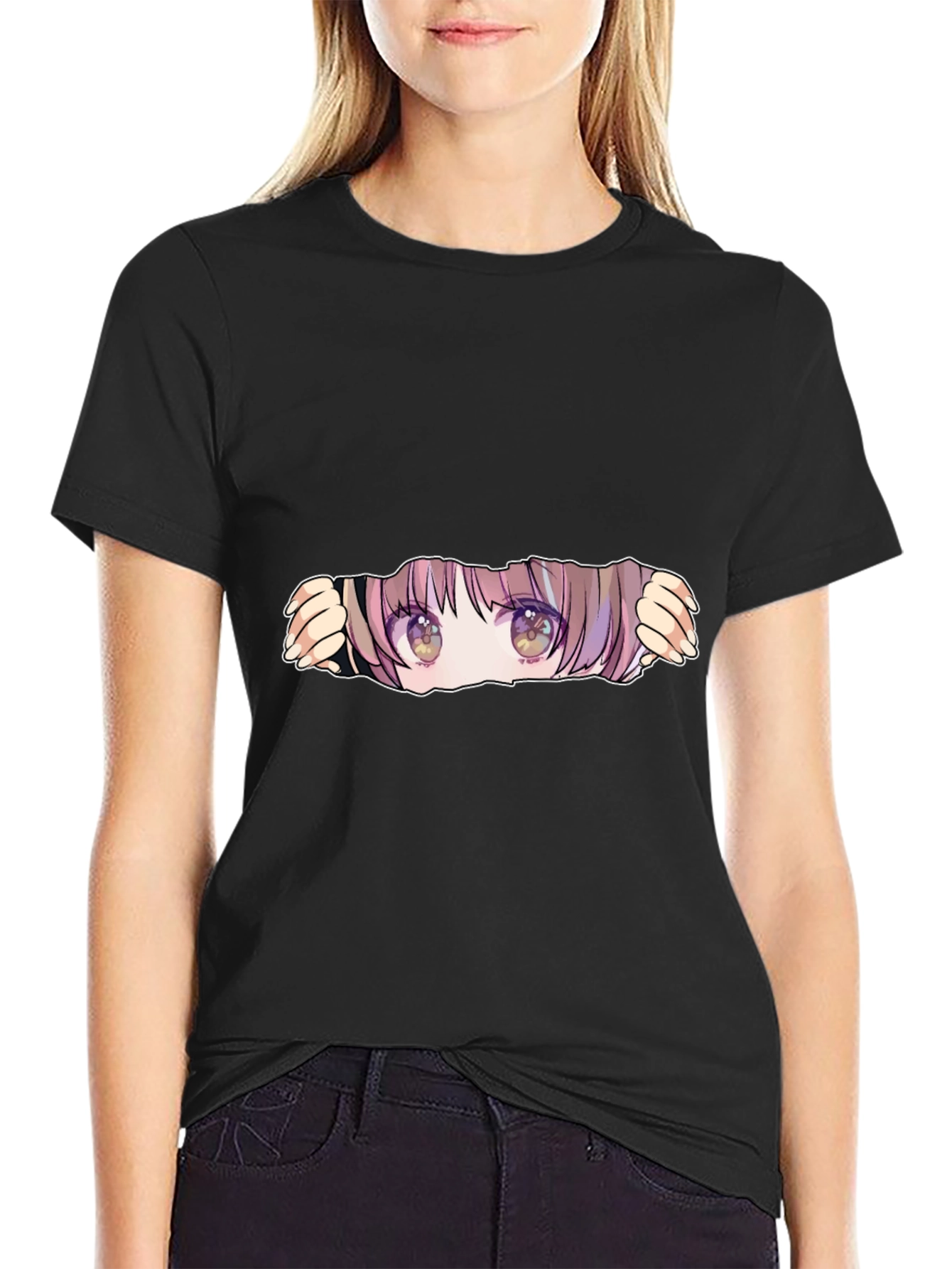 Anime Eyes Peek Black T-Shirt