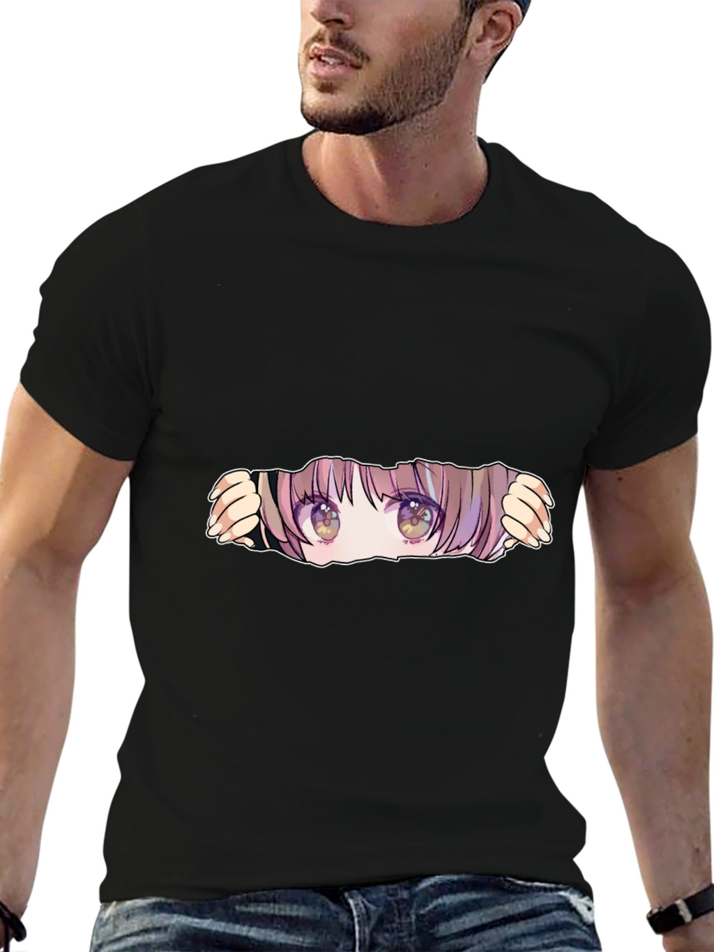 Anime Eyes Peek Black T-Shirt