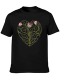 Floral Heart Rose Graphic Tee - Black
