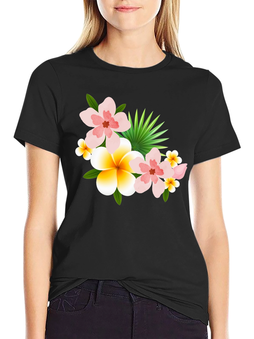 Tropical Floral Print Black T-Shirt