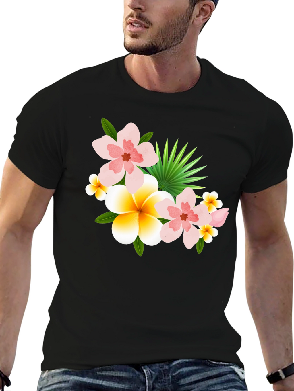 Tropical Floral Print Black T-Shirt