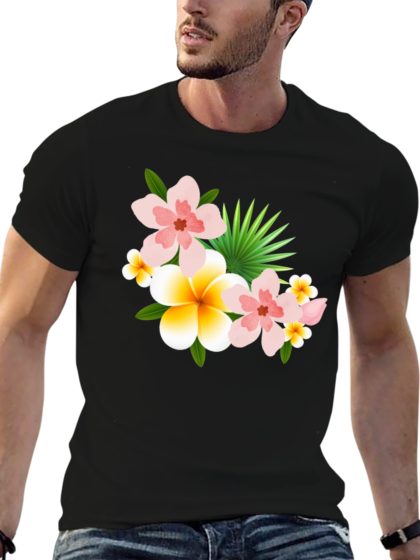 Tropical Floral Print Black T-Shirt