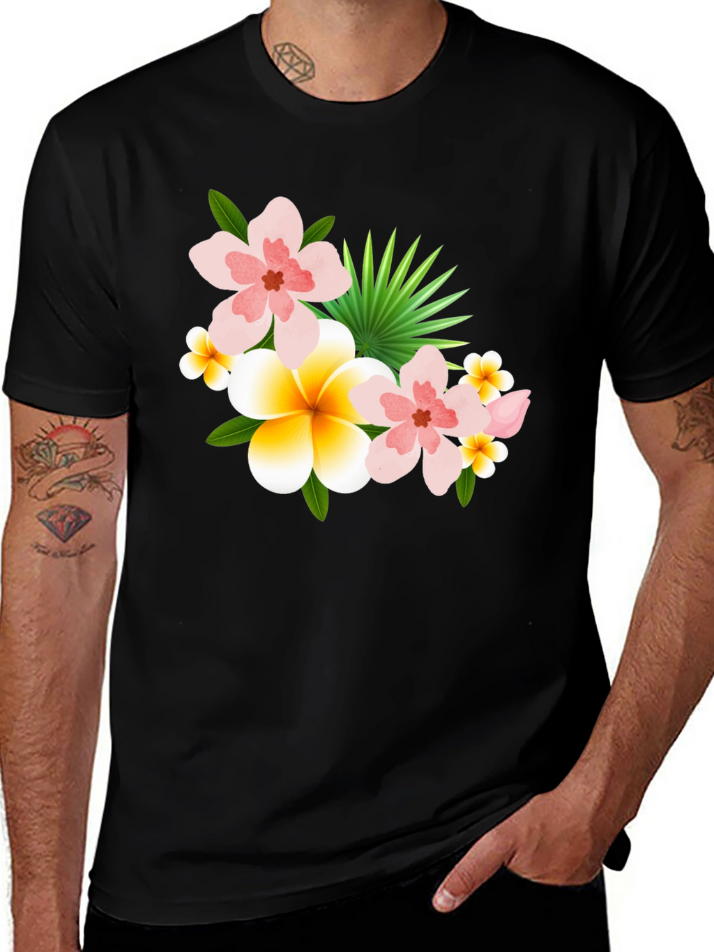 Tropical Floral Print Black T-Shirt