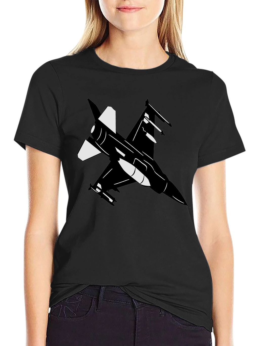 Fighter Jet Graphic Tee - Black Cotton Blend