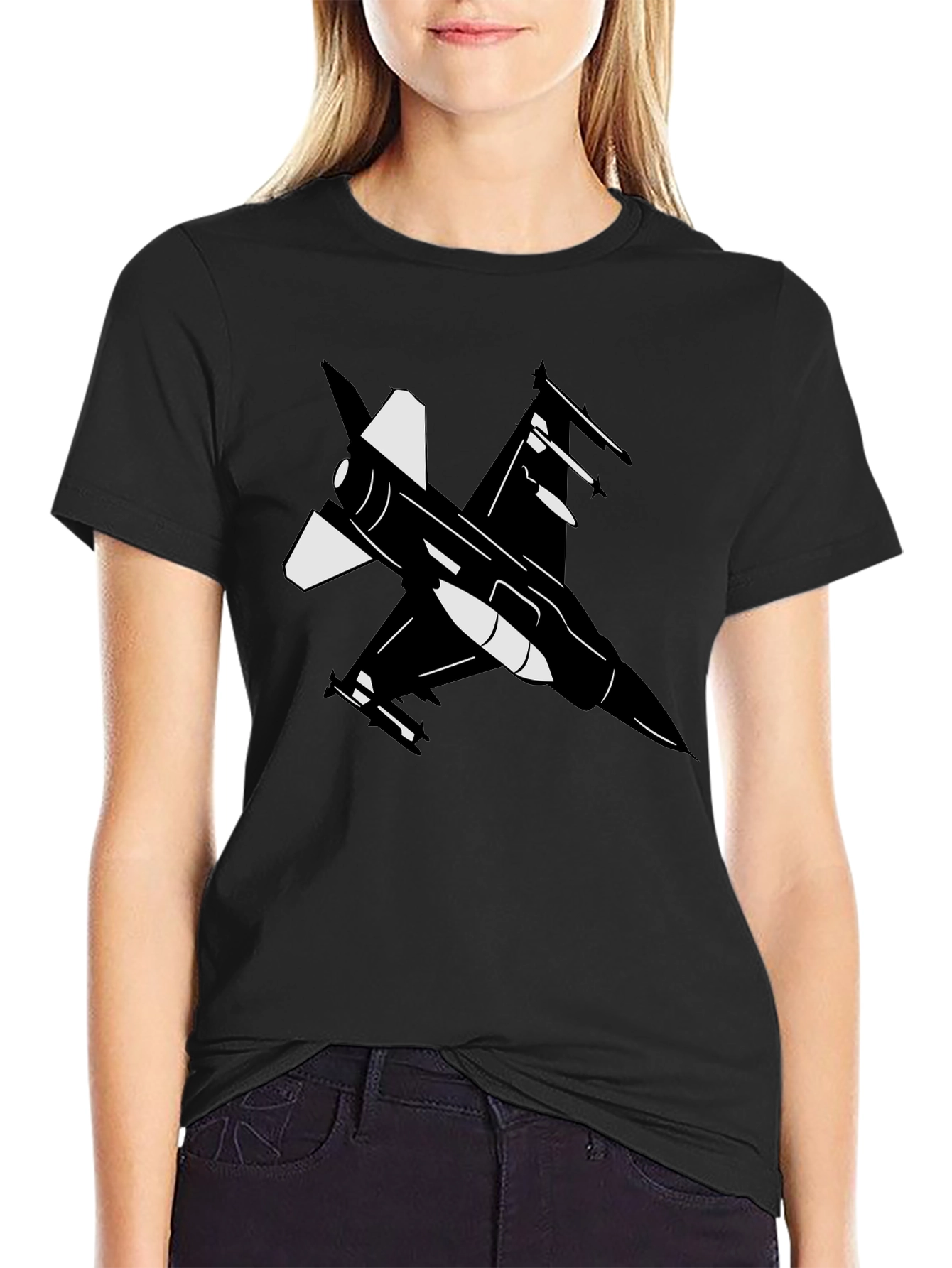 Fighter Jet Graphic Tee - Black Cotton Blend