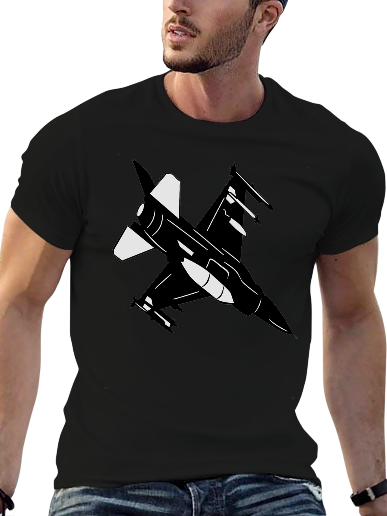 Fighter Jet Graphic Tee - Black Cotton Blend
