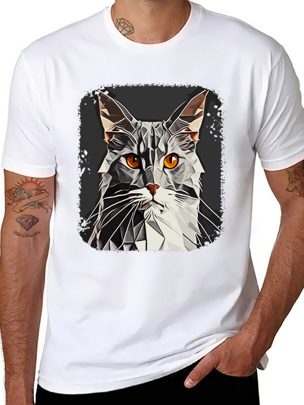 Geometric Cat Graphic Tee - Modern Style