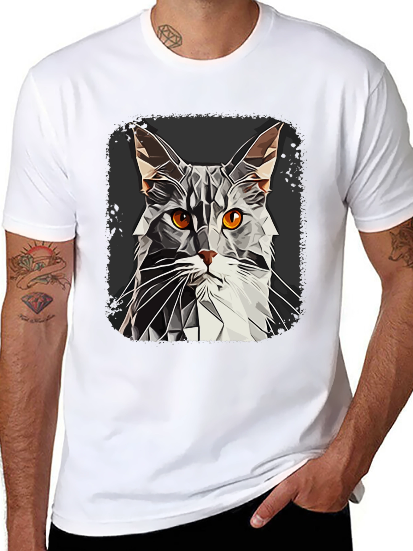 Geometric Cat Graphic Tee - Modern Style