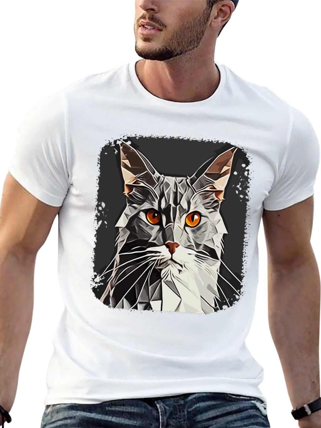 Geometric Cat Graphic Tee - Modern Style