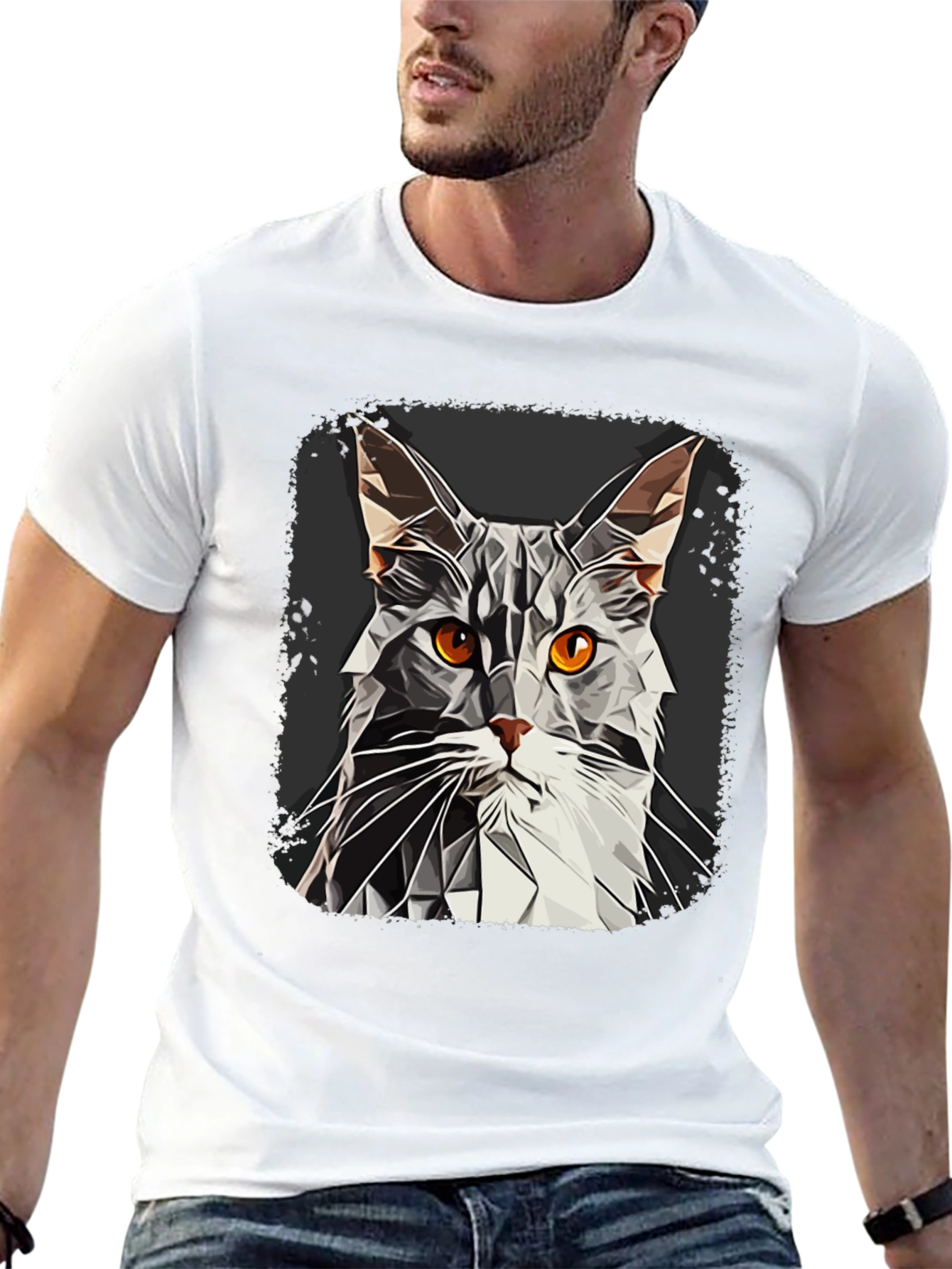 Geometric Cat Graphic Tee - Modern Style