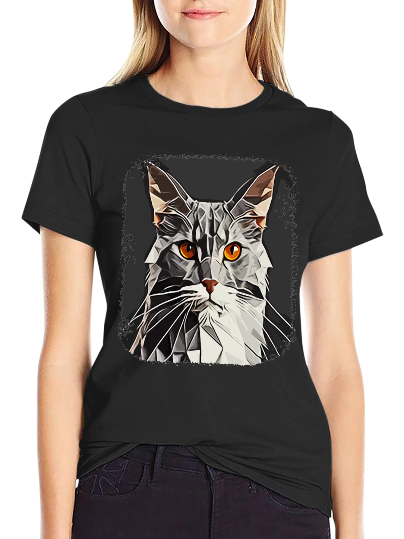 Geometric Cat Graphic Tee - Modern Style