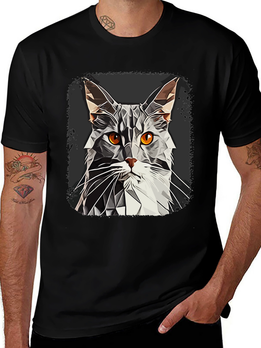 Geometric Cat Graphic Tee - Modern Style