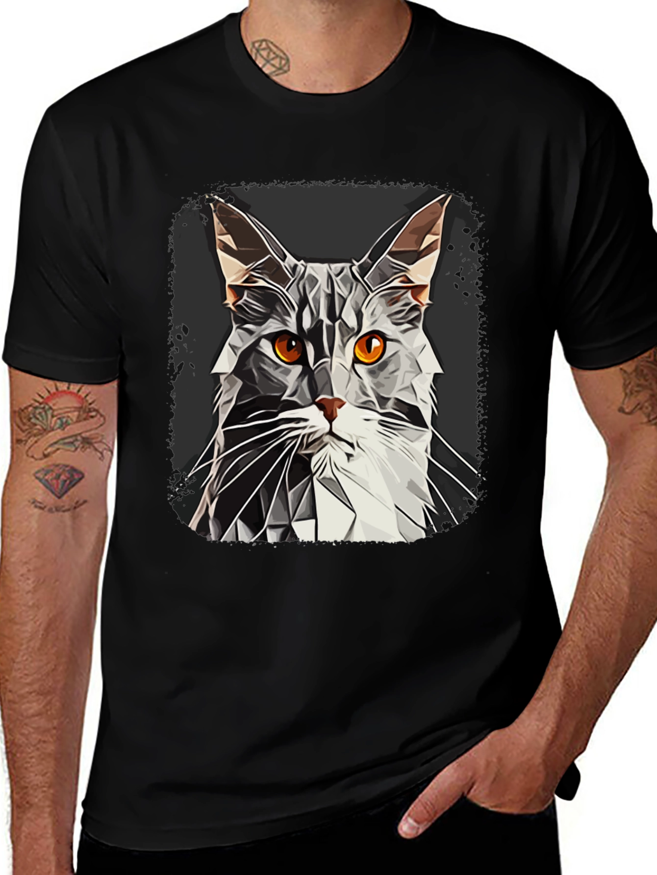 Geometric Cat Graphic Tee - Modern Style