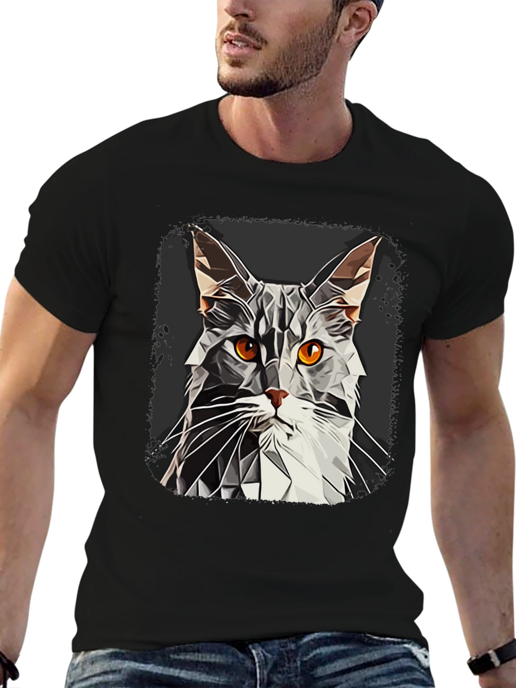 Geometric Cat Graphic Tee - Modern Style
