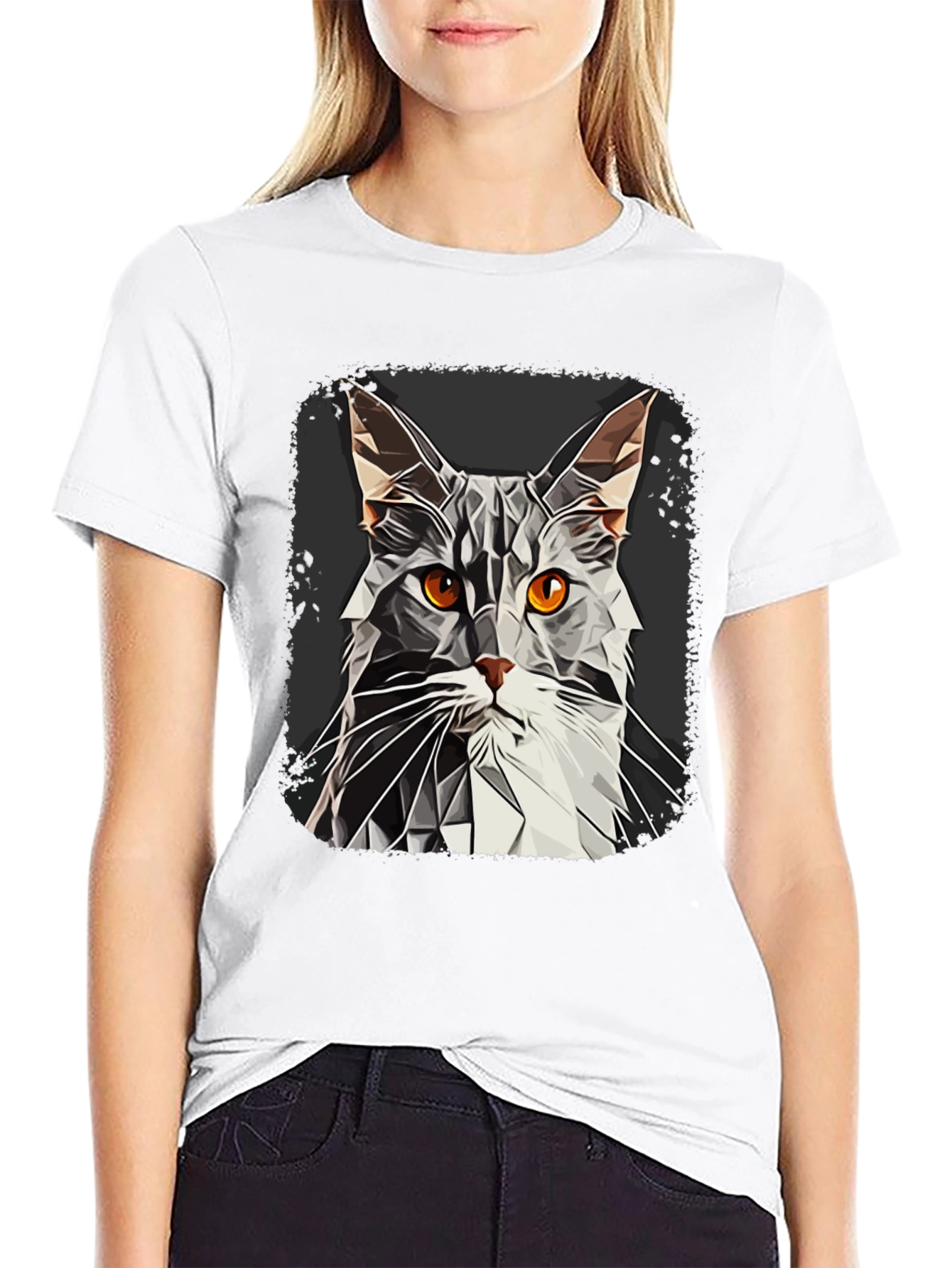 Geometric Cat Graphic Tee - Modern Style