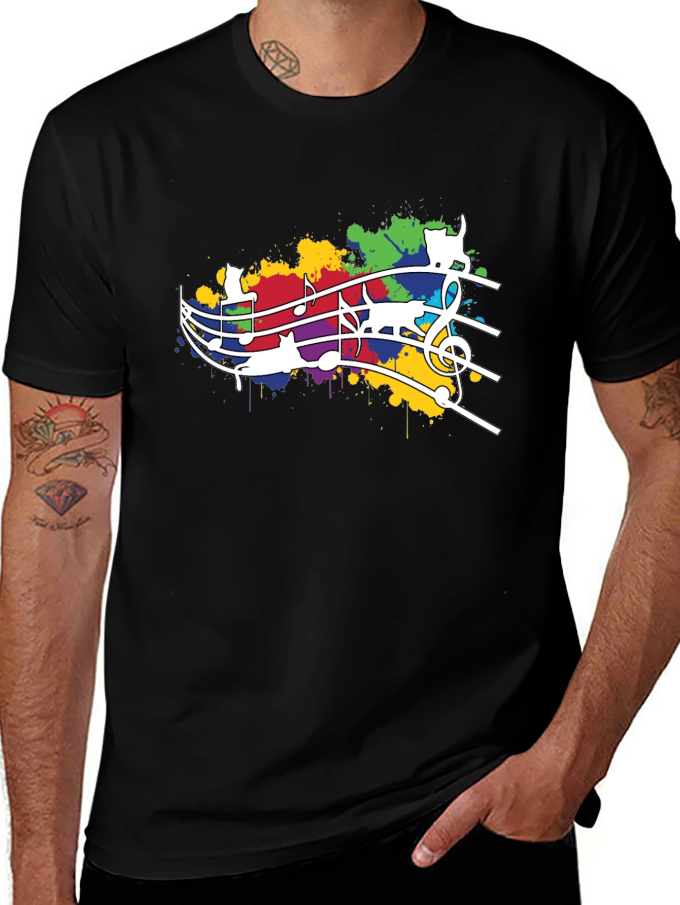 Cat Music T-Shirt - Colorful Staff