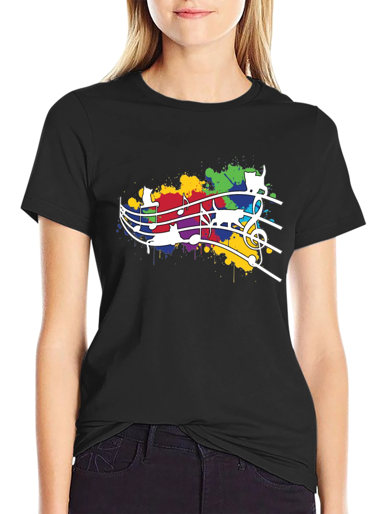 Cat Music T-Shirt - Colorful Staff