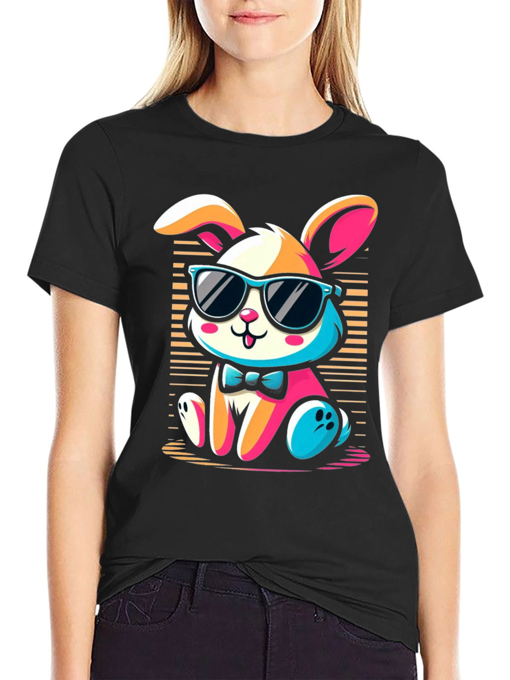 Cool Bunny Graphic Tee - Soft Black Cotton
