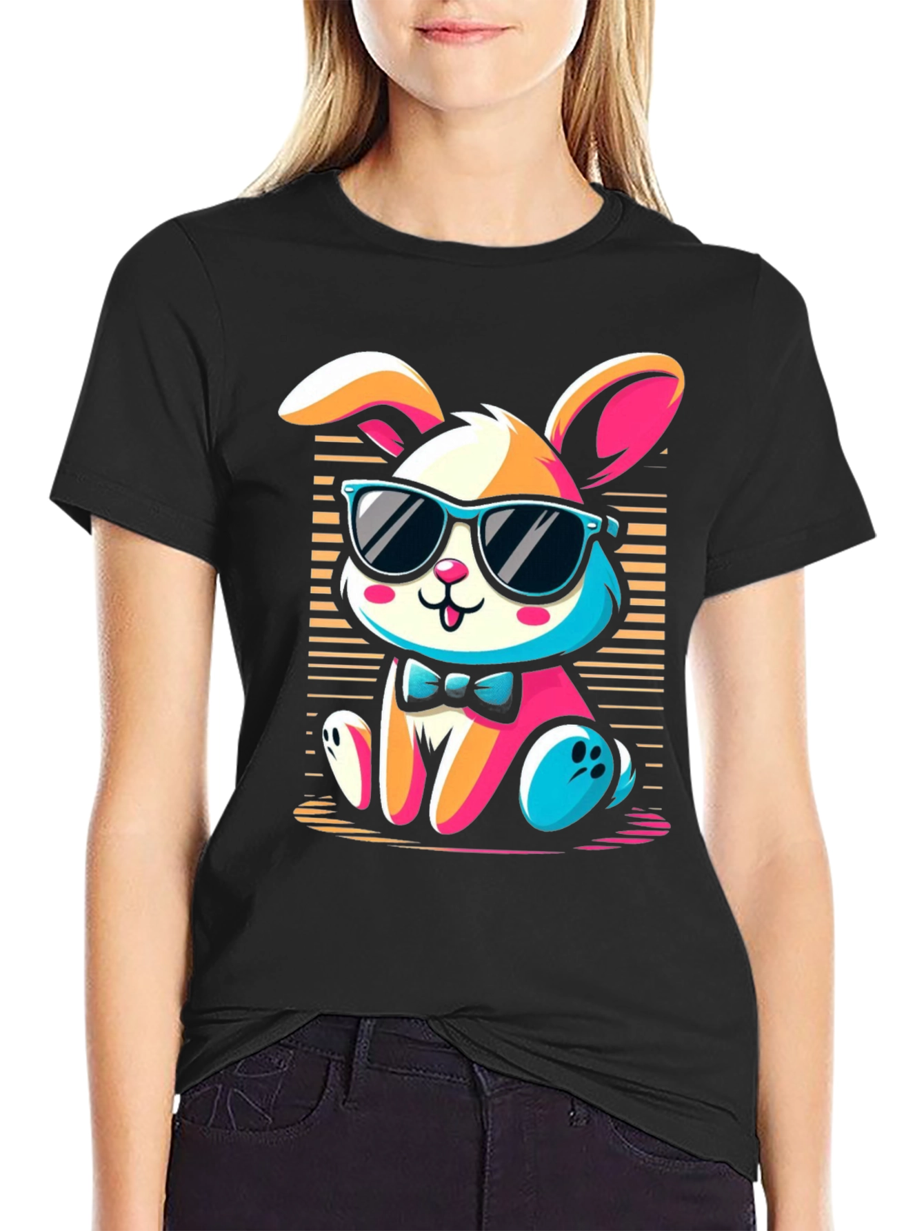 Cool Bunny Graphic Tee - Soft Black Cotton