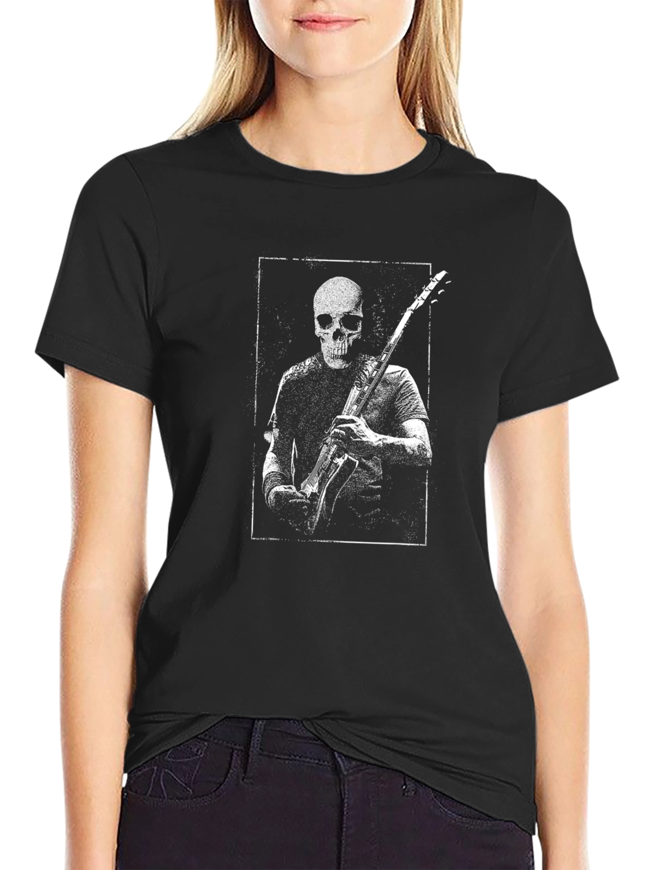 Skull Guitarist Graphic Tee - Black Cotton T-Shirt