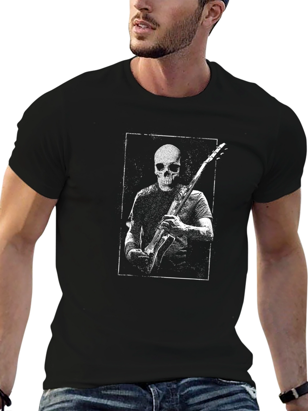 Skull Guitarist Graphic Tee - Black Cotton T-Shirt