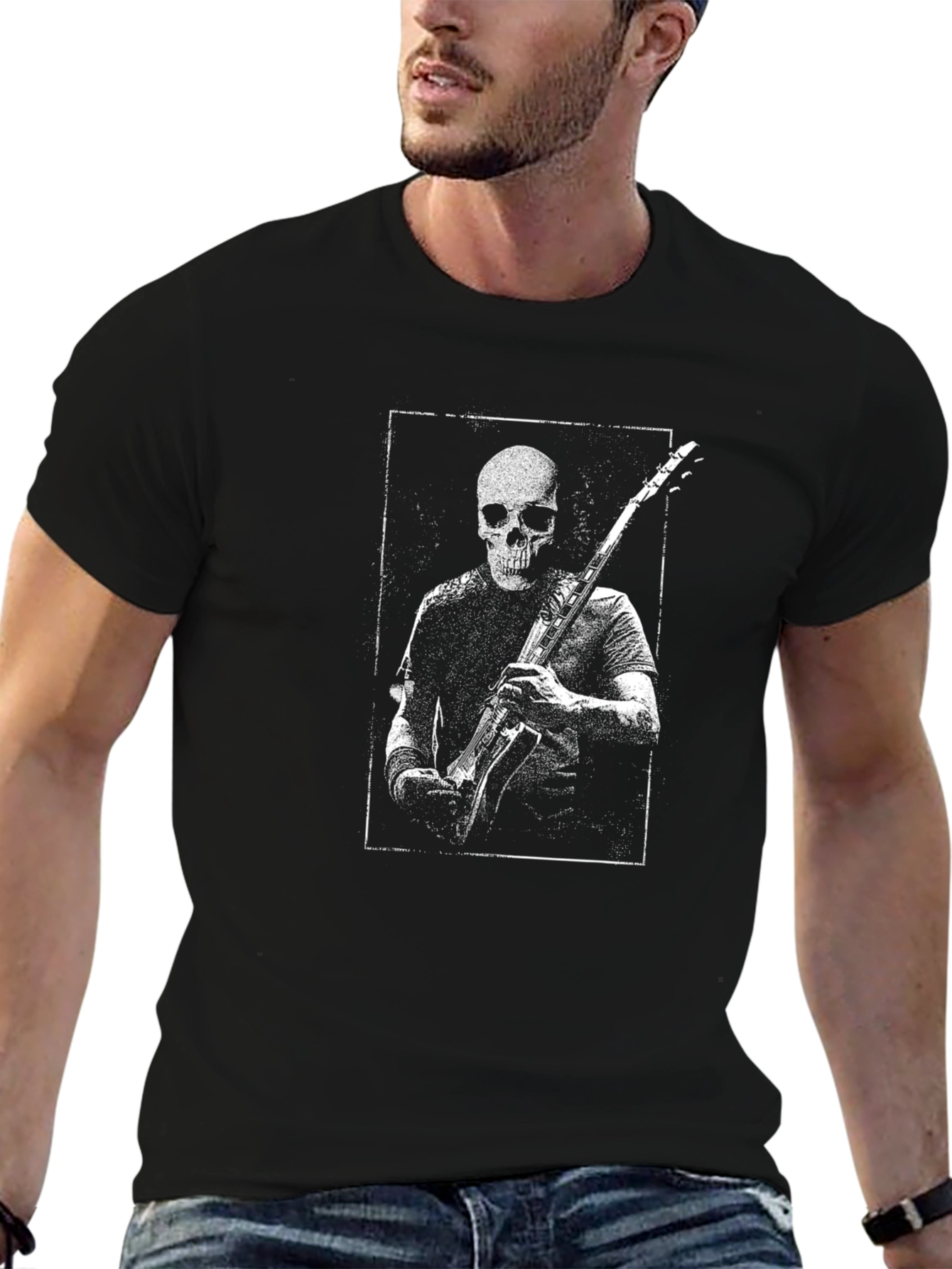 Skull Guitarist Graphic Tee - Black Cotton T-Shirt
