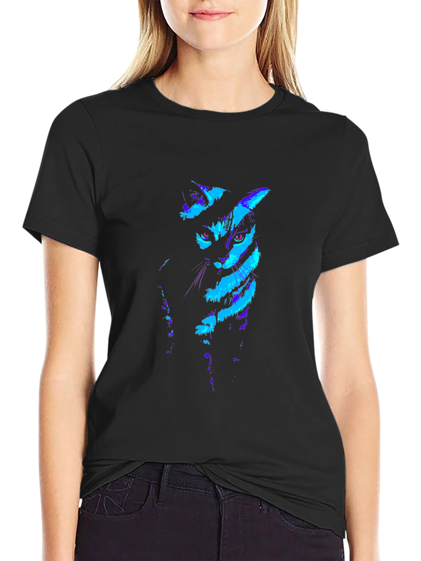 Neon Cat Graphic Black T-Shirt