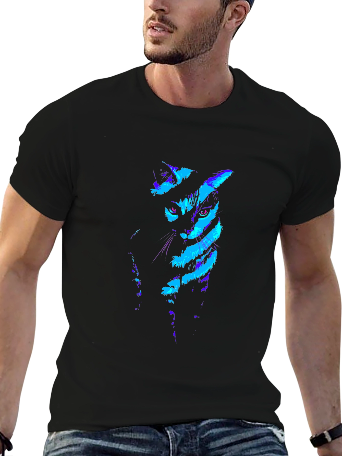 Neon Cat Graphic Black T-Shirt
