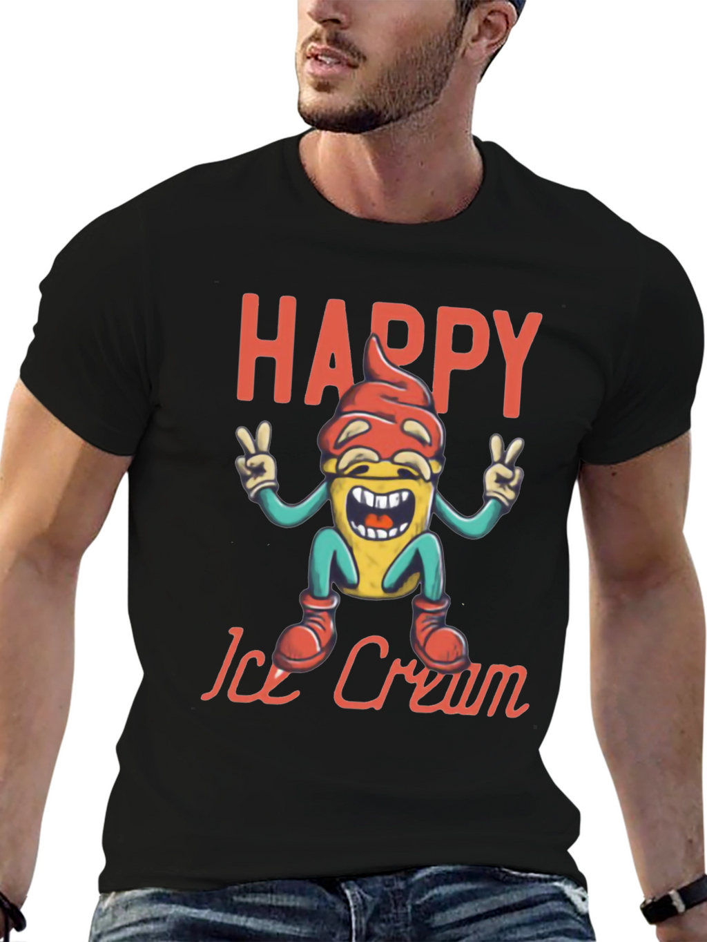 Happy Ice Cream Graphic Tee - Black Cotton T-Shirt