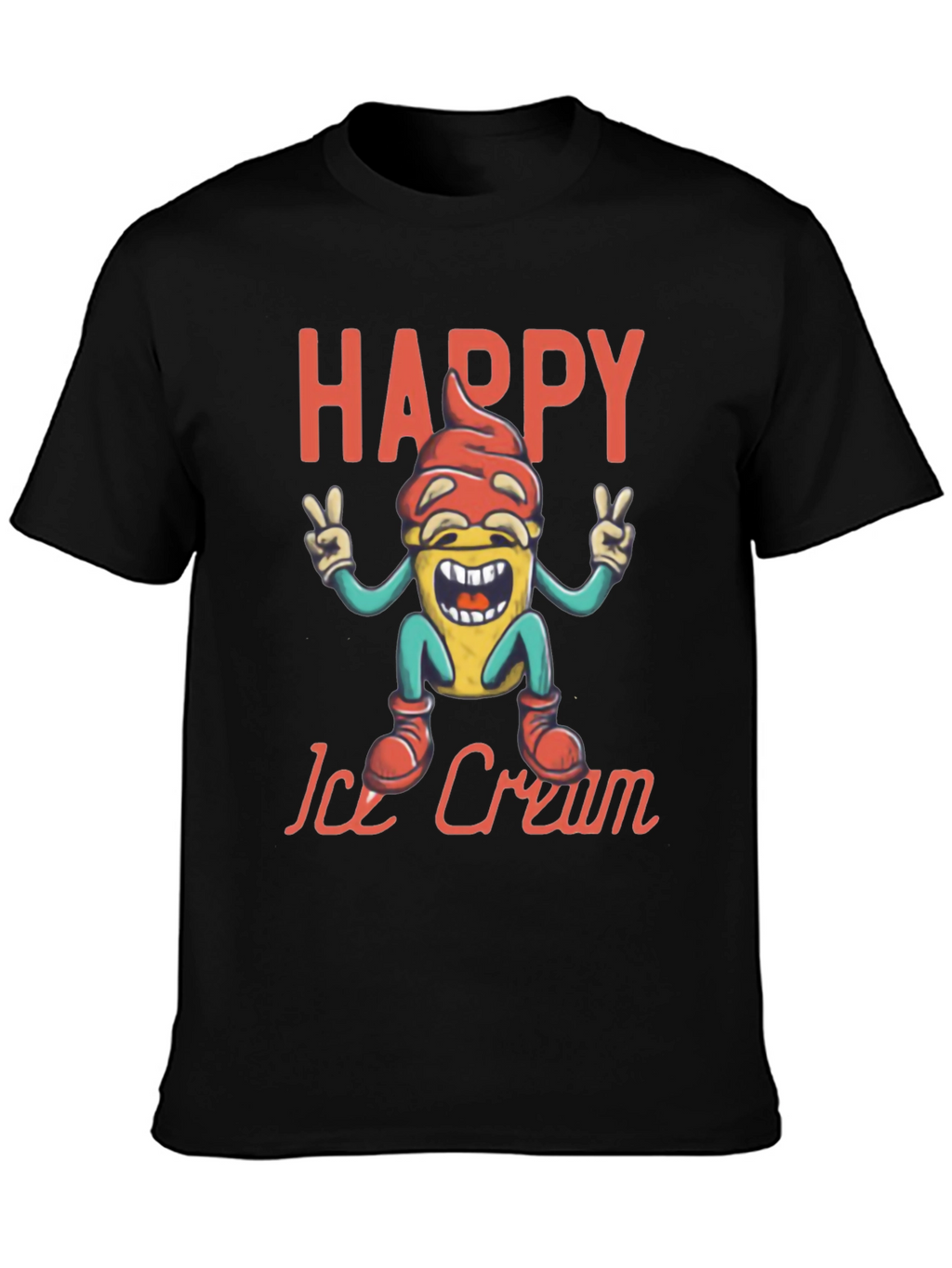 Happy Ice Cream Graphic Tee - Black Cotton T-Shirt