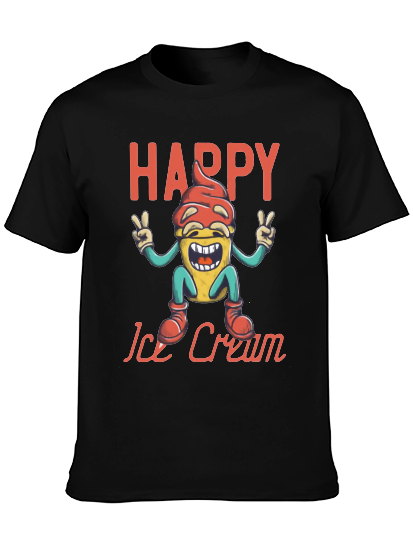 Happy Ice Cream Graphic Tee - Black Cotton T-Shirt