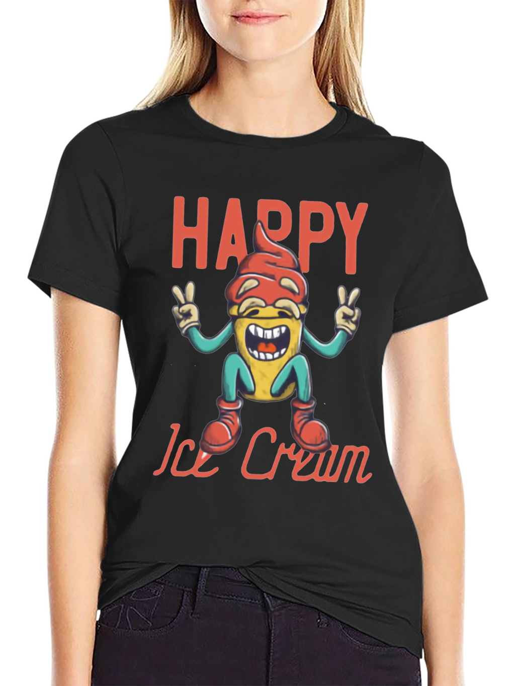 Happy Ice Cream Graphic Tee - Black Cotton T-Shirt