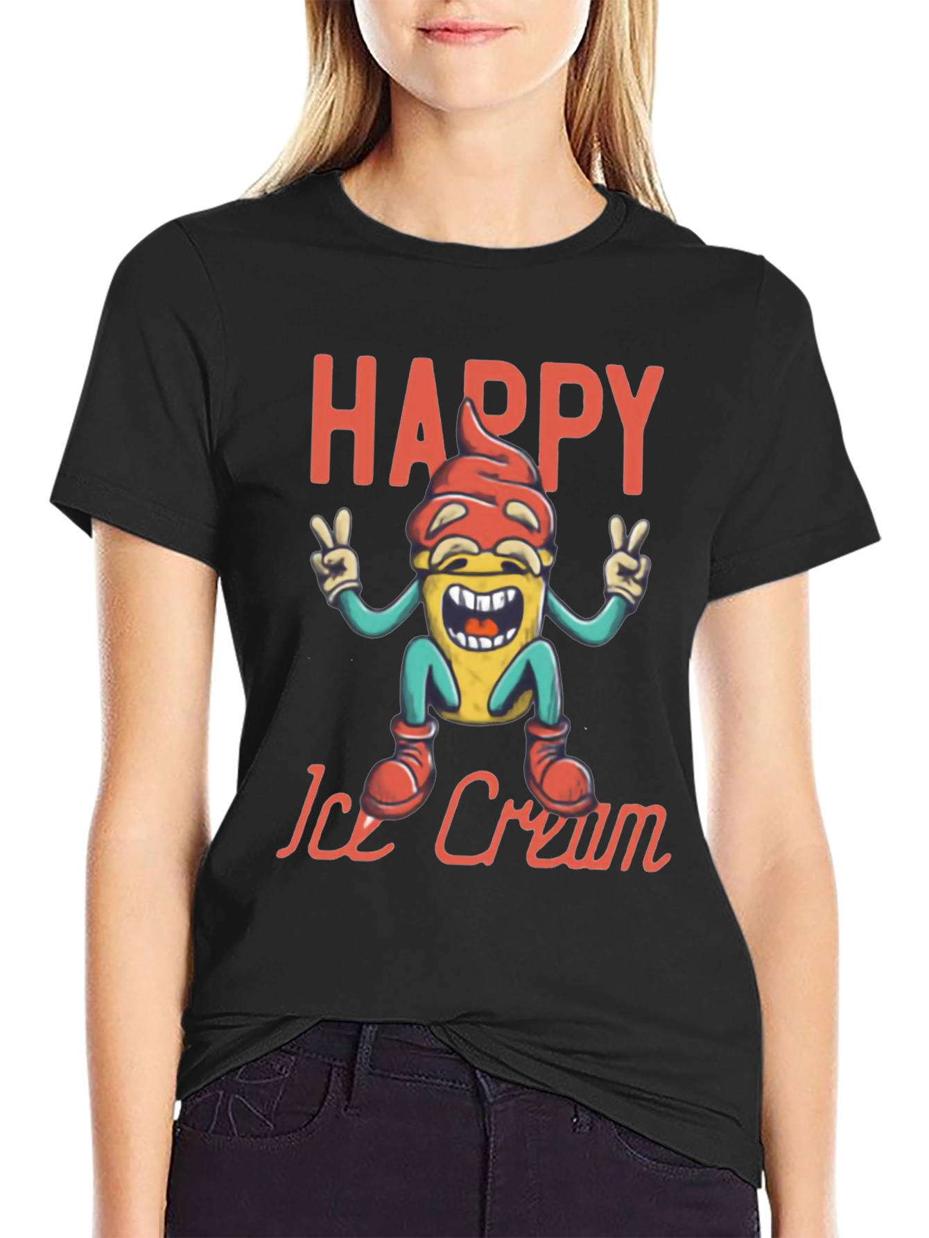 Happy Ice Cream Graphic Tee - Black Cotton T-Shirt