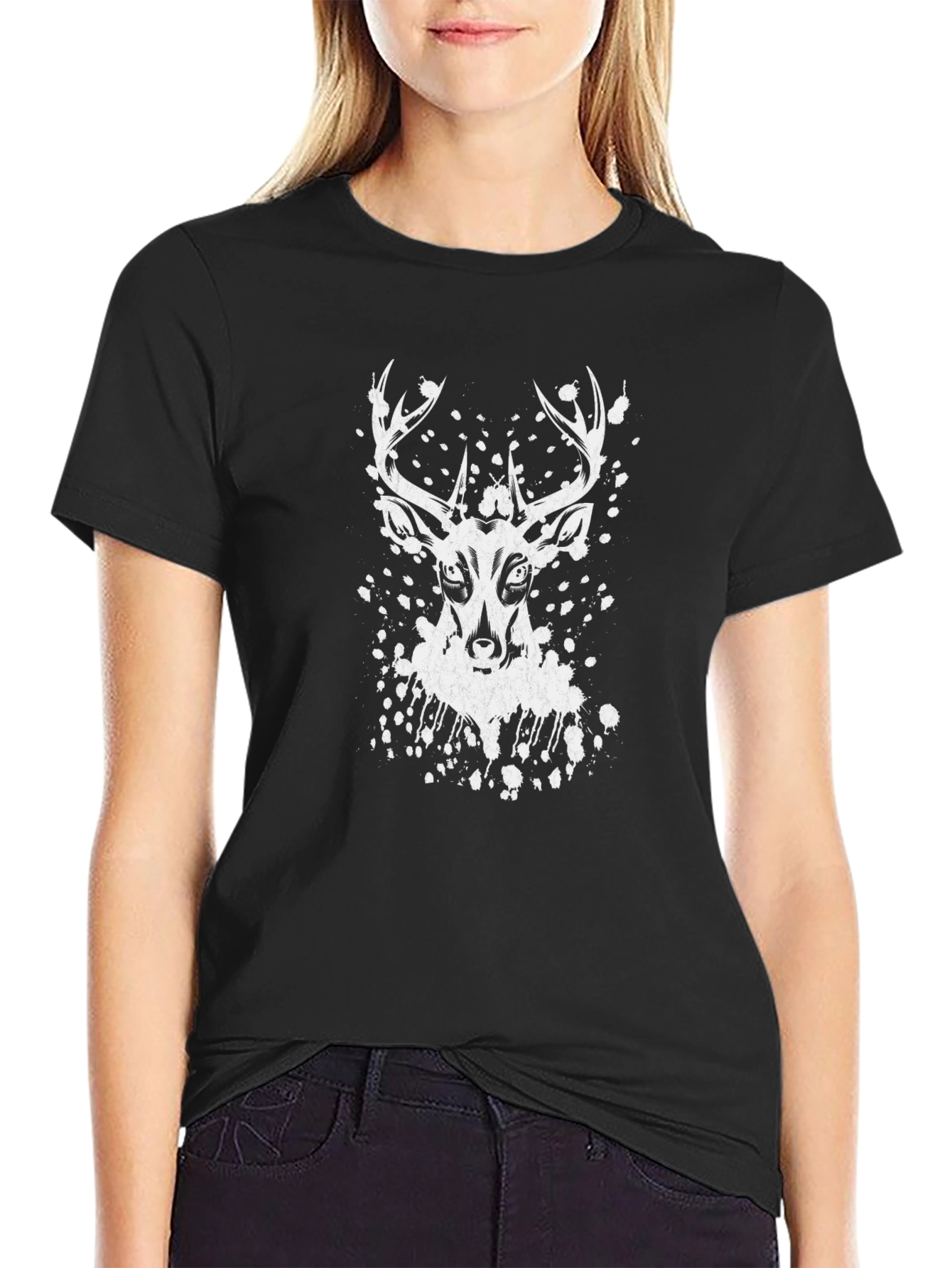 Deer Graphic Print Black T-Shirt