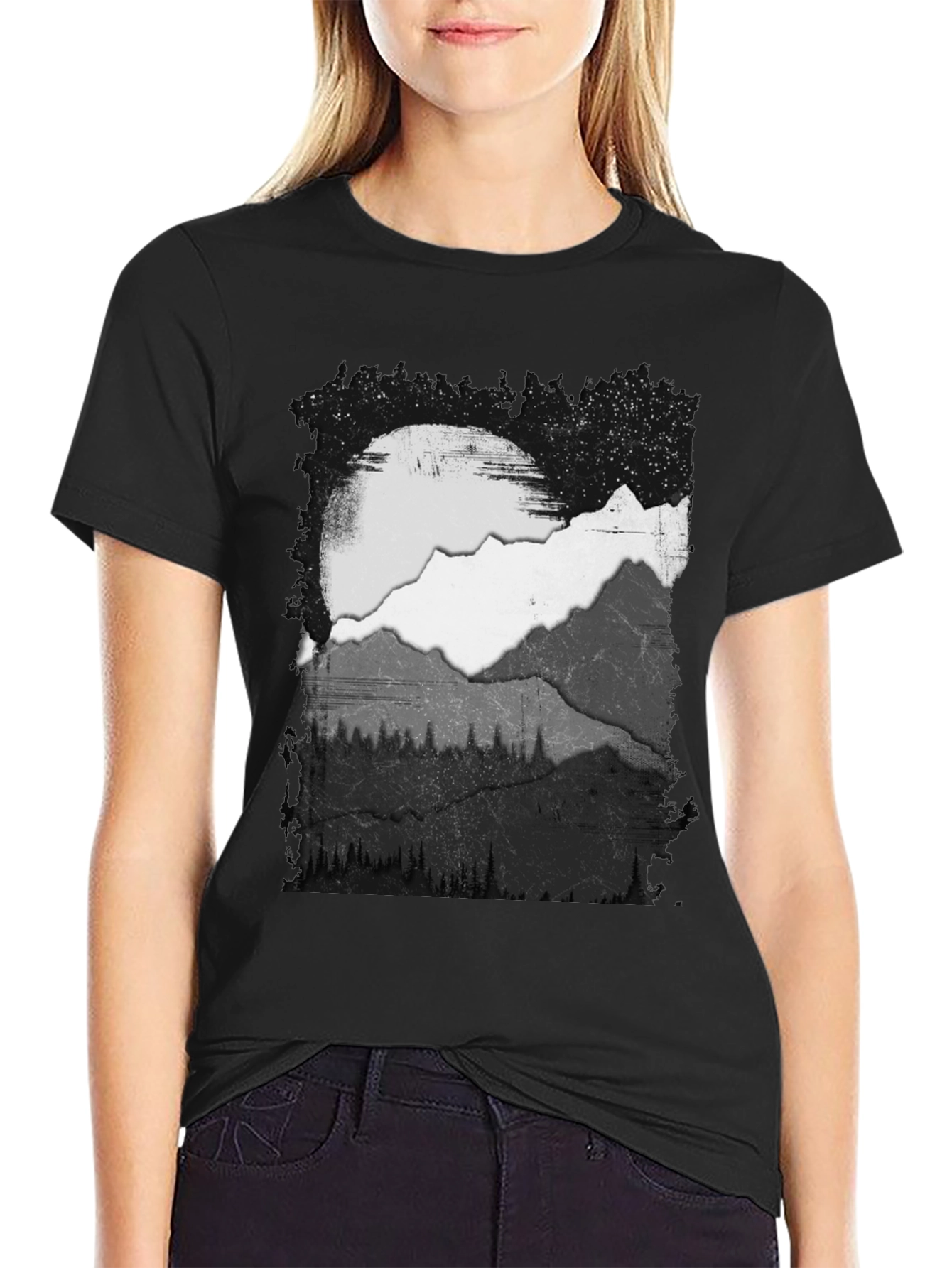 Mountain Scene Graphic Tee - Black Cotton Blend