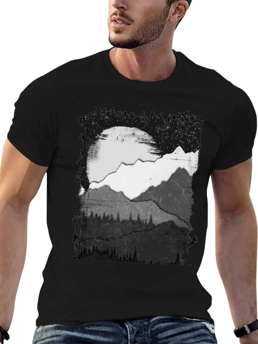 Mountain Scene Graphic Tee - Black Cotton Blend