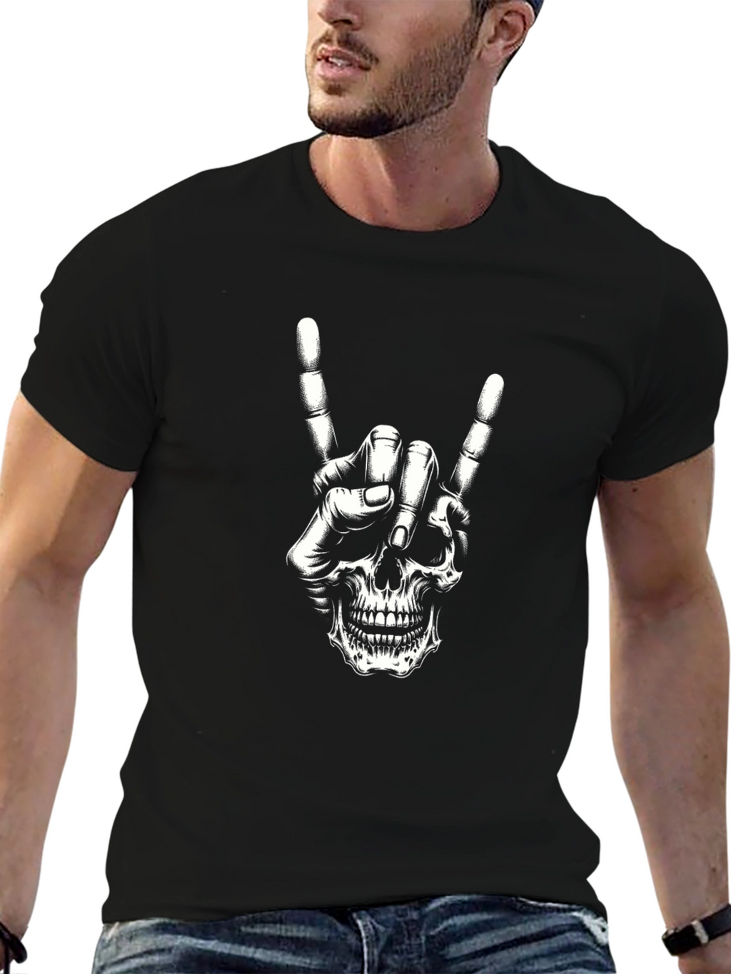 Skull Hand Rock On Black Tee
