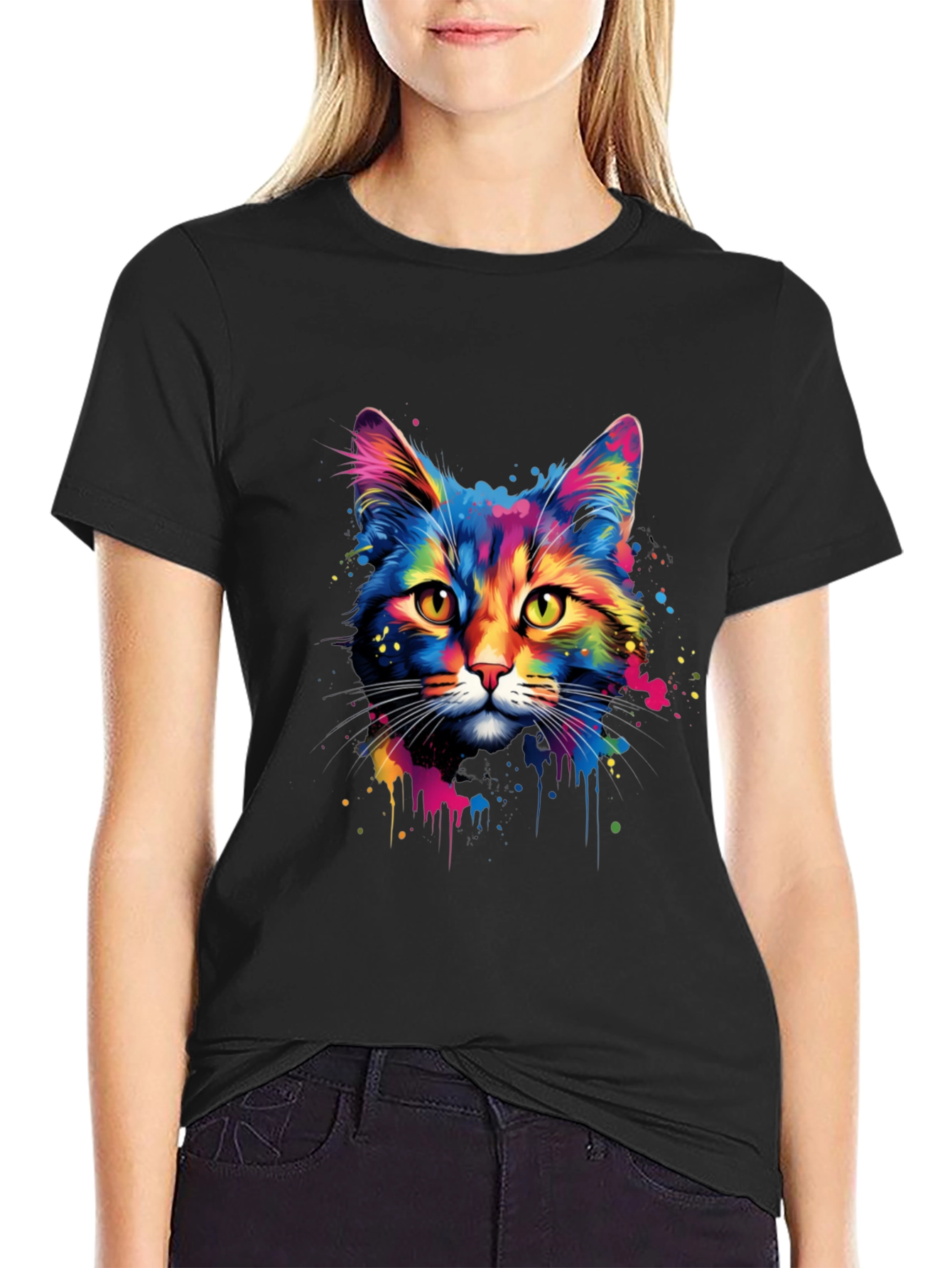 Colorful Cat Graphic Print T-Shirt