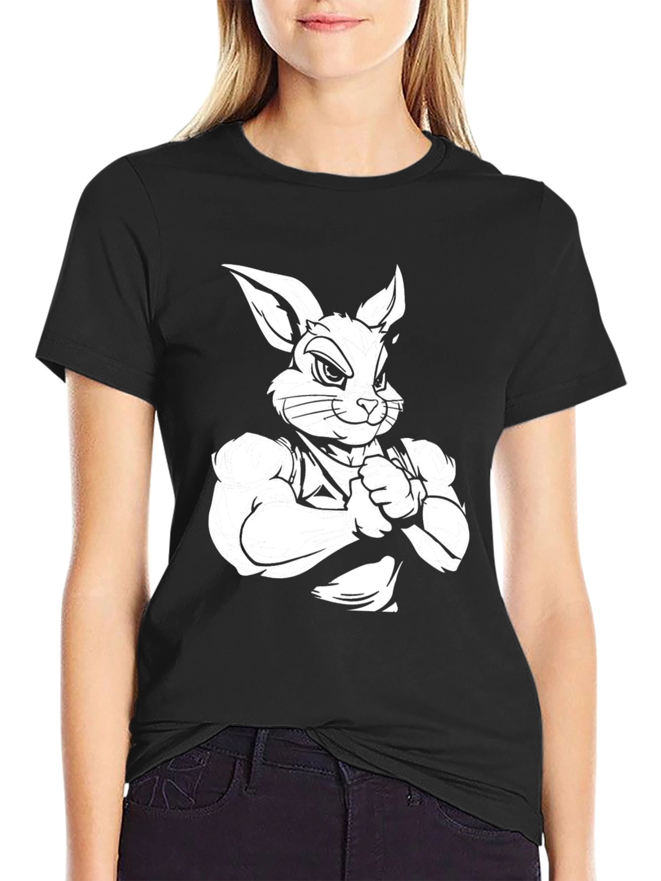 Black T-Shirt with Muscular Rabbit Graphic