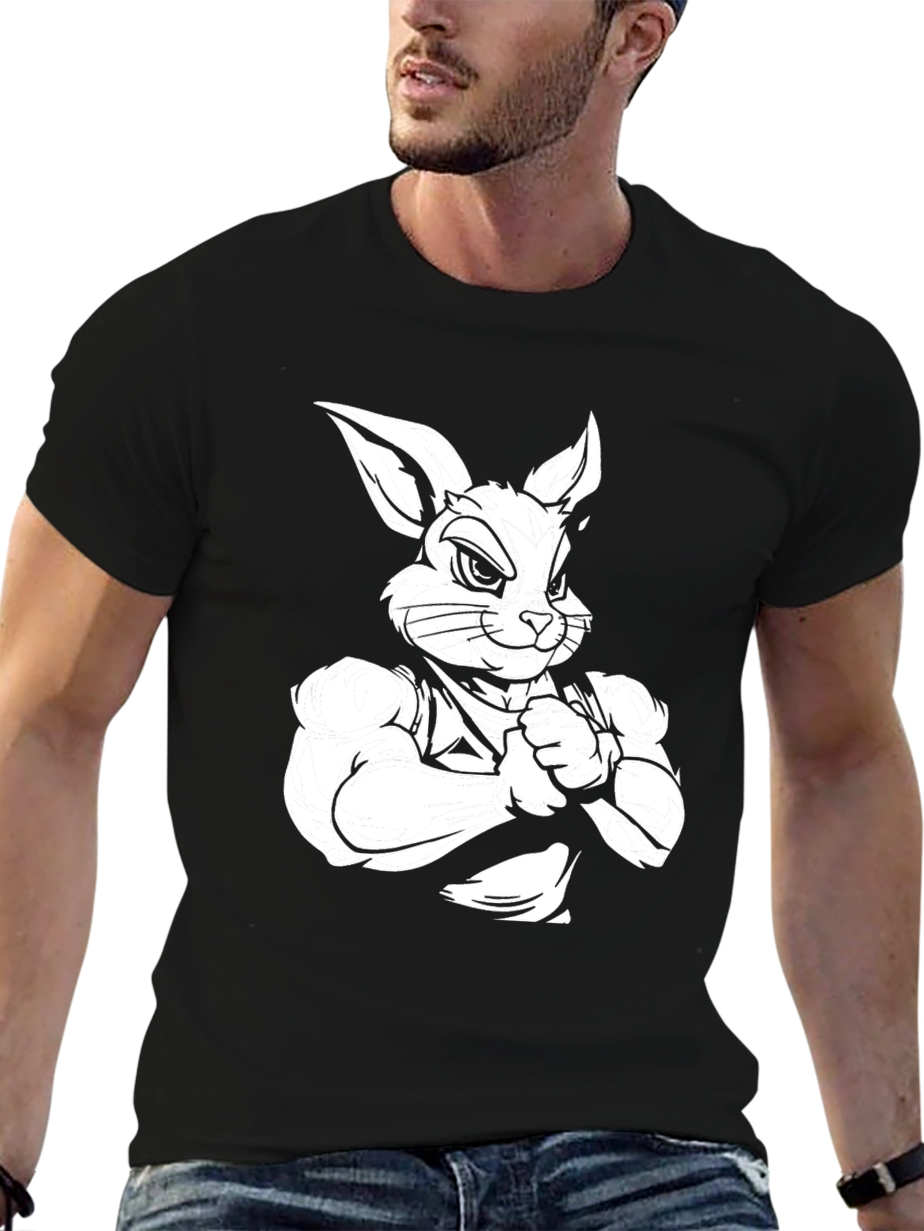 Black T-Shirt with Muscular Rabbit Graphic