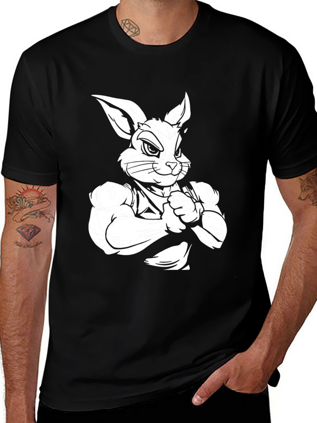 Black T-Shirt with Muscular Rabbit Graphic